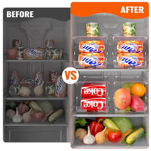SCAVATA 4 Pack Soda Can Organizer for Refrigerator, Stackable Canned Food Pop Cans Container Can Holder Dispenser with Lid for Fridge Rack Freezer, Clear Storage Bins-Holds 12 Cans Each (Transparent)