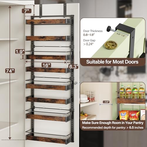 8 Tier Over The Door Pantry Organizer, 2 IN 1 Wall Mount or Metal Hanging Spice Rack for Pantry Organizers and Storage, Seasoning Shelves，Adjustable Basket with Hooks for Kitchen Cabinet and Closet