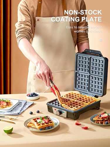 Belgian Waffle Maker 4 Slices, 1200W Waffle Iron, Anti-Overflow Waffle Iron with Browning Knob, Nonstick Plates, Indicator Lights, Silver/Black (Black, Silver)