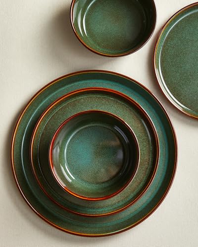 Pokini Plates and Bowls Sets for 4, Ceramic Dinnerware Sets, Kitchen Dish Set, Microwave & Dishwasher Safe Dishware, Highly Durable Hand Glazed Dinner Set, Brown Green
