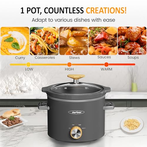 Sunvivi 2 Quart Slow Cooker, Small Slow Cooker with Removable Ceramic Pot, Slow Cookers Food Warmer with 3 Heating Settings & Dishwasher Safe Glass Lid, Grey