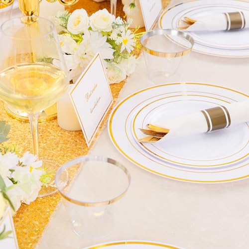 DaYammi 350PCS Gold Plastic Dinnerware Set for 50 Guests, Fancy Disposable Plates for Party, Include: 50 Dinner Plates, 50 Dessert Plates, 50 Pre Rolled Napkins with Gold Silverware, 50 Cups