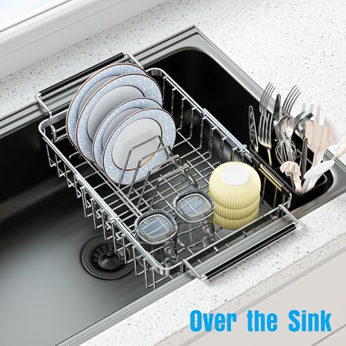 Dolreiik Expandable Over The Sink Dish Drying Rack, Anti-Rust Stainless Steel in Sink Dish Drainer with Cutlery Holder, Counter Space Saving Sturdy Sink Drying Rack for Many Kitchen Drain Task