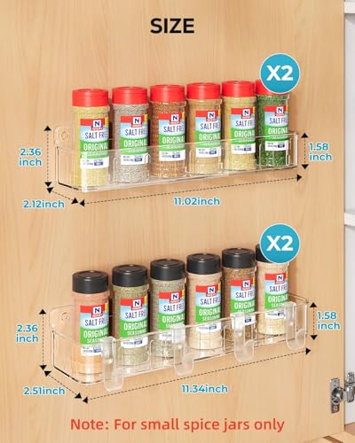 Nieifi Spice Rack Wall Mount, 4 Pack, Clear, 2 Inch Wide, Screw or Adhesive Installation, Spice Rack Organizer for Small Spice Jars, Suitable for Kitchen Cabinet or Pantry Door