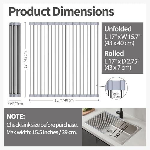 Yohslqo Roll Up Dish Drying Rack for Sink, Over Sink Dish Rack 17 x 15.7 Inch, Silicone Stainless Steel Dish Drainer for Kitchen Counter, BPA Free Utensil Drying Rack, Gray