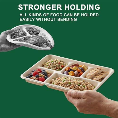 Tinybee 100% Compostable 5 Compartment Paper Plates 12.5 * 8.6 Inch [100-Pack] Heavy Duty Divided Disposable Eco-Friendly Bagasse Plates Lunch Trays for Buffet/Party/School (BPI-Certified) Nautral