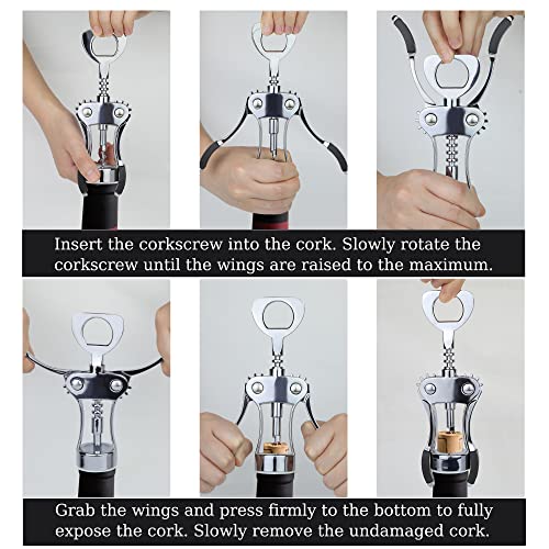 KORCCI Wine Opener, Heavy-Duty Zinc Alloy Wing Corkscrew, Premium Beer Bottle Opener, Multifunctional Wine Accessories with Ergonomic Handle and Sharp Screw, for Kitchen, Bar, Restaurant (SILVER)
