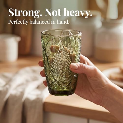 Green Drinking Glasses Set of 4, 12 oz Vintage Hand-Pressed Glass Cups, Fern Textured Highball Tumblers, Antique Style Boho Glassware for Water, Juice, Cocktails & Mocktails, Housewarming Gift Set