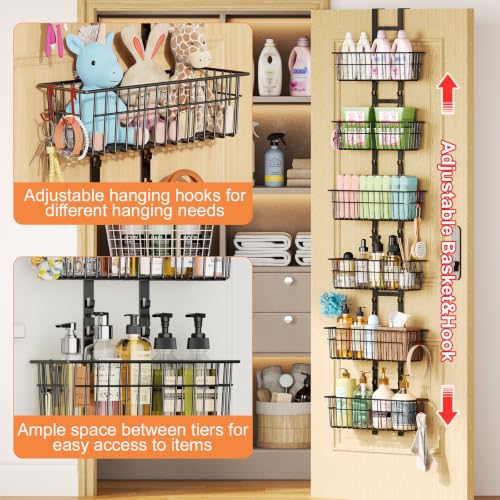 Hongtamoya Over The Door Organizer, Adjustable Hanging Door Organizer with 6 Wire Baskets 5 Hooks, Metal Behind The Door Storage for Pantry Closet Bedroom Bathroom Cabinet Kitchen Laundry Room, Black