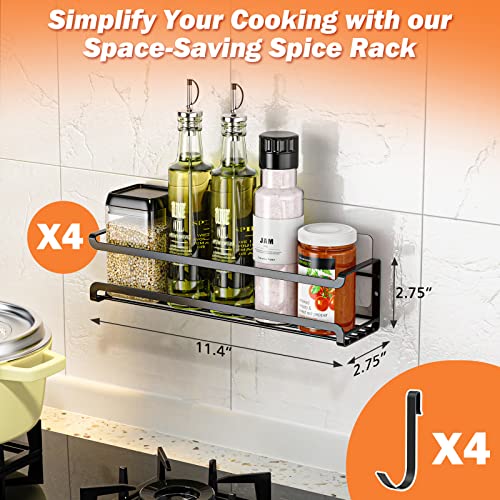 Bunoxea Spice Rack Wall Mounted 4 Pack, Black,For Spice Jars & Seasonings