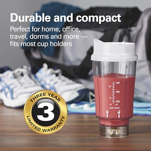 Hamilton Beach Portable Blender for Shakes and Smoothies, 14 Oz BPA Free Travel Cup & Lid, Durable Stainless Steel Blades, Personal Smoothie Blender, White ( 51101V)