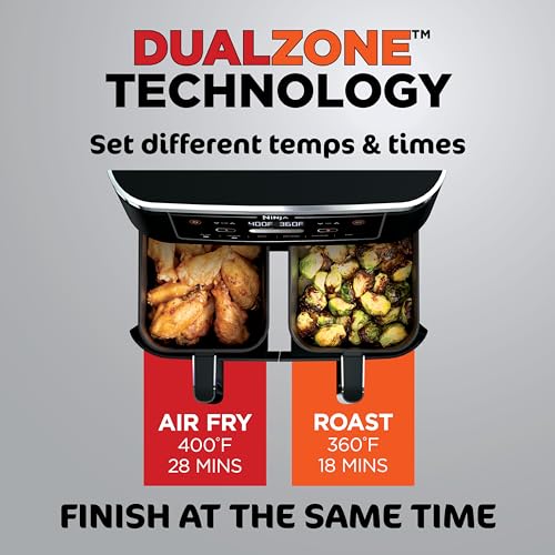 Ninja Foodi Air Fryer | 6-in-1 with 10-QT DualZone Baskets | Smart Finish to Cook 2 Foods at Once | Air Fry, Broil, Roast, Dehydrate, Keep Warm & Bake | 450° F |XL Capacity | Black | DZ302