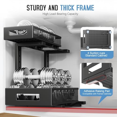 2-Pack Under Sink Storage Organizer, Large 2-Tier Elegant Mesh Pull Out Shelf for Kitchen and Bathroom Cabinet Organization, L-Shaped and Adjustable Height Design,Patent Pending-Black