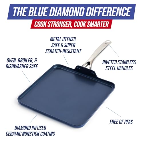 Blue Diamond 11" Nonstick Square Griddle Pan, Non Toxic PFAS-Free Diamond Ceramic, Dishwasher & Oven Safe, Even Heating, Metal Utensil Safe, Warp Control, Blue