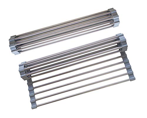 D DrNeeko Roll Up Dish Drying Rack, Stainless Steel and Silicone Dish Drying Mat Over The Sink Foldable Drain Rack Multipurpose Dish Drainer for Kitchen, 14.5” x 14”, Gray