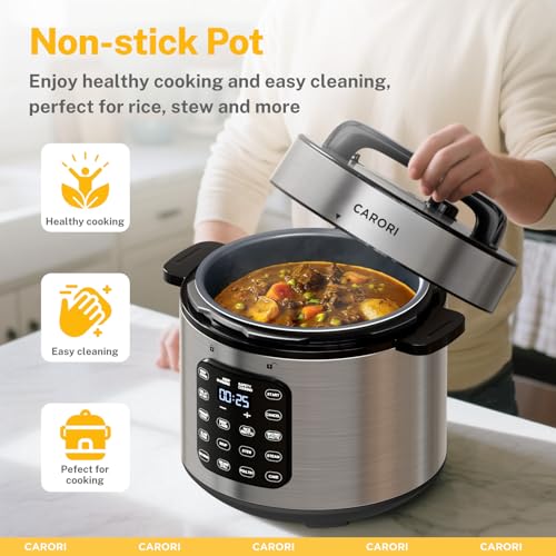 CARORI 9-in-1 Electric Pressure Cooker, 1200W Instant Multi-Cooker with IMD Touchscreen, Olla de Presion, Non-Stick Pot, Rice Cook, Slow Cook, Steamer, Sauté, Warmer, Safe Venting, Silver 8 Qt