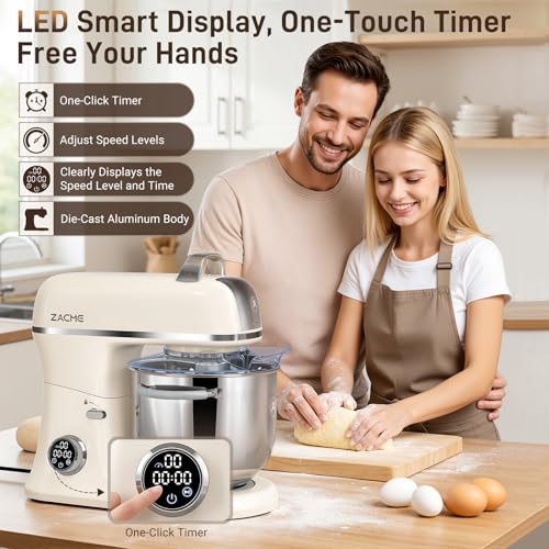 ZACME 7 Quart Stand Mixer Aluminum Die Casting, 650W 12 Speed Tilt-Head Kitchen Electric Stand Mixer, Household Food Mixer with Stainless Steel Bowl, Dough Hook, Whisk and Beater (Cream)