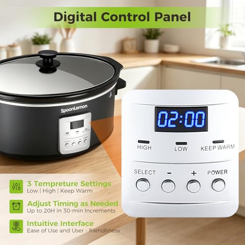 SpoonLemon 7 Quart Digital Slow Cooker with Programmable Timer, Auto Keep Warm, High Low Warm Settings, Removable Dishwasher-Safe Nonstick Pot for Easy Cleanup, with 20 Count Slow Cooker Liners