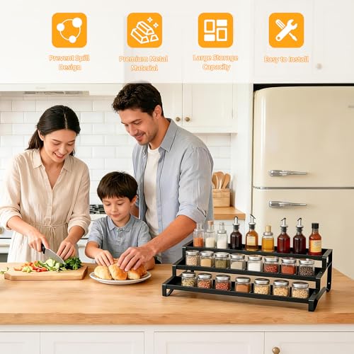 PEEKUP 3-Tier Spice Rack Organizer, 13"-21.5" Expandable Spice Organization Shelf, Metal Seasoning Organizer for Kitchen Countertop or Pantry, Slip-Resistant Design for Jars and Bottles, Black