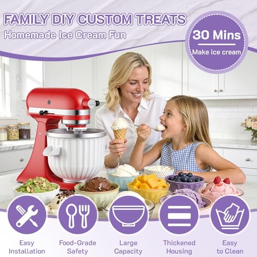 Ice Cream Maker Attachment for KitchenAid Stand Mixer, Fits 4.5Qt and Larger KitchenAid Mixers, 2 Quart Frozen Yogurt, Sorbet & Gelato Ice Cream Bowl by Focollk