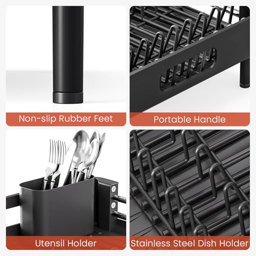 TOOLF Dish Drying Rack Expandable Drainer w/Cutlery & Cup Holder, Black