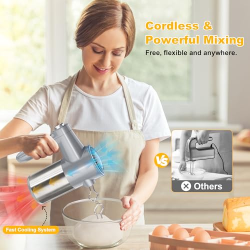Cordless Electric Hand Mixer, 7 Speed Rechargeable Wireless Handheld Mixer with Eject Button, Long Battery, Quiet Anti-Splash, 6×304 Stainless Steel Attachments & Storage Base for Baking (Silver)