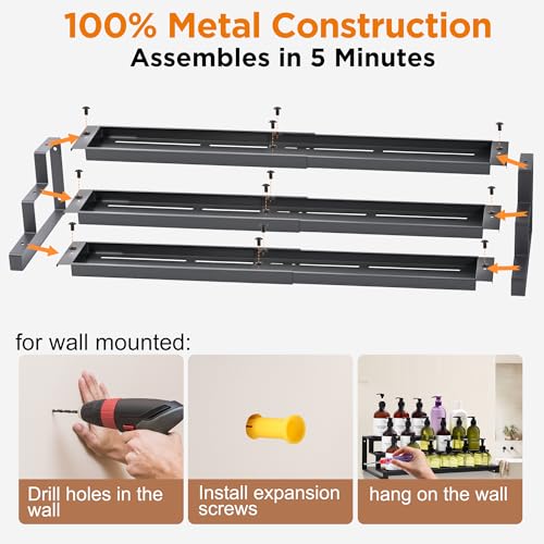 3-Tier Spice Rack Organizer for Kitchen Cabinet or Pantry, 16"-29" Expandable Spice Organization Shelf, Seasoning Organizer, Metal Display Shelf, Slip-Resistant Design for Jars and Bottles, Black