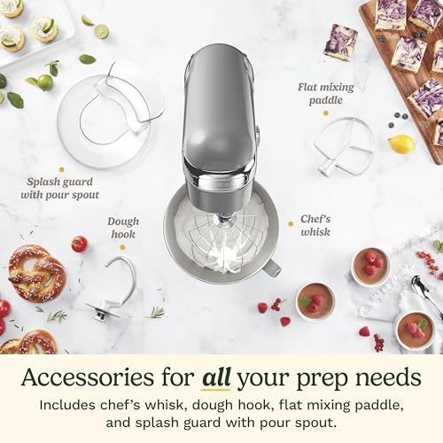 Cuisinart Stand Mixer, 12 Speeds, 5.5-Quart Mixing Bowl, Chef's Whisk, Flat Mixing Paddle, Dough Hook, and Splash Guard with Pour Spout, Silver Lining, SM-50BCNAS, Silver Lining