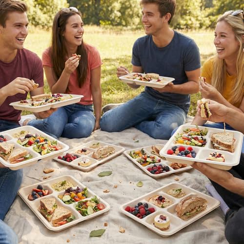 Tinybee 100% Compostable 5 Compartment Paper Plates 12.5 * 8.6 Inch [100-Pack] Heavy Duty Divided Disposable Eco-Friendly Bagasse Plates Lunch Trays for Buffet/Party/School (BPI-Certified) Nautral