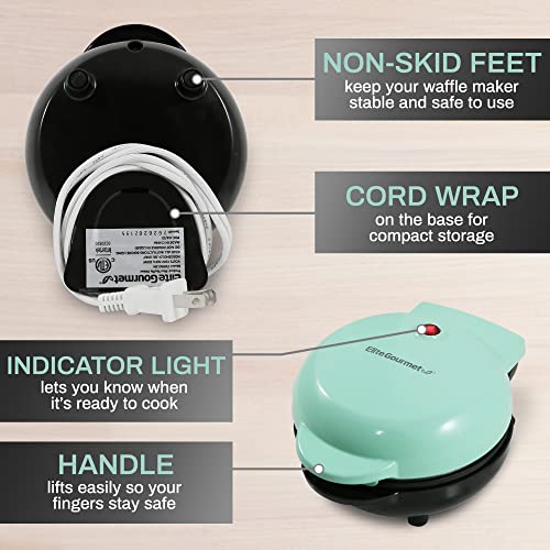 Elite Gourmet EWM013M# Electric Nonstick Mini Waffle Maker with 5-inch cooking surface, Belgian Waffles, Compact Design, Hash Browns, Keto, Snacks, Sandwich, Eggs, Easy to Clean, Blue