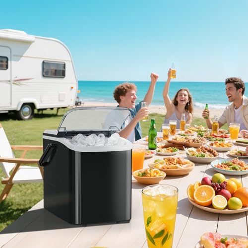 OLIXIS Ice Maker Machine with Handle,26lbs in 24 Hours,9 Cubes in 6 Mins,Auto-Cleaning Portable Ice Maker with Basket and Scoop, Countertop for Home, Kitchen, Camping, RV, Sleek Black