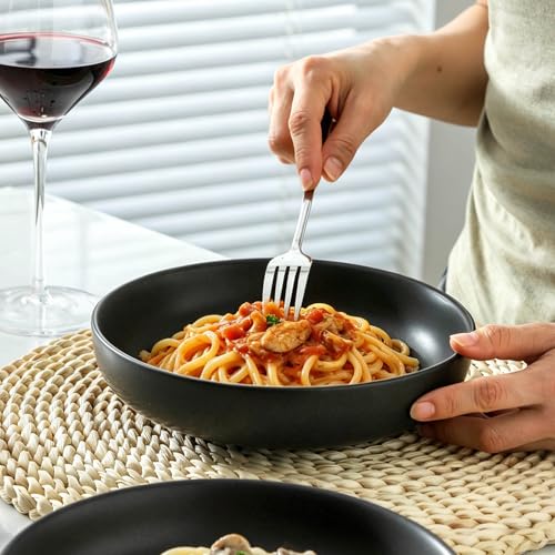 Tikooere Stoneware Pasta Bowls, 34 oz Large Salad Bowl Set of 4, Ceramic Serving Bowls for Ramen, Pasta, Fruit, Cereal, Dinner, Wide and Shallow Bowls, Microwave & Dishwasher Safe, Matte Black