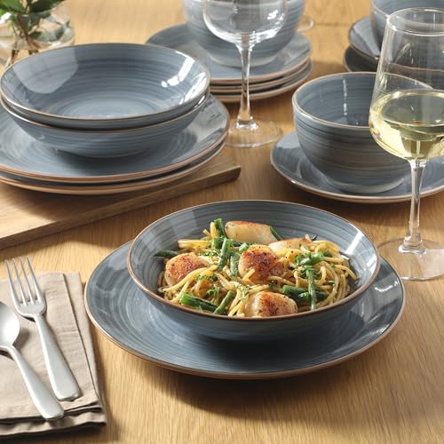 Gibson Home Stonebury 16 Piece Plates and Bowls Blue Dishes - Handpainted Stoneware Dinnerware Set - Service for 4