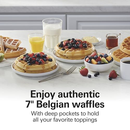 Hamilton Beach Belgian Waffle Maker with PFAS-Free Non-Stick Ceramic-Coated Plates, Browning Control, Indicator Lights, Stainless Steel (26081)