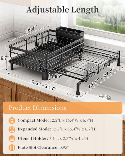 SAYZH Expandable Dish Drying Rack for Kitchen Counter, Metal, Black