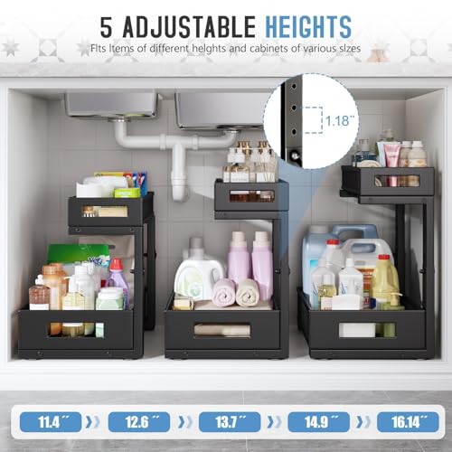2-Pack Under Sink Storage Organizer, Large 2-Tier Elegant Mesh Pull Out Shelf for Kitchen and Bathroom Cabinet Organization, L-Shaped and Adjustable Height Design,Patent Pending-Black