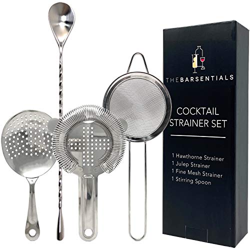 TheBarsentials Cocktail Strainer Set Stainless Steel Bar Tools with Stirring Spoon - Hawthorne, Julep, & Fine-Mesh Sifter for Drinks