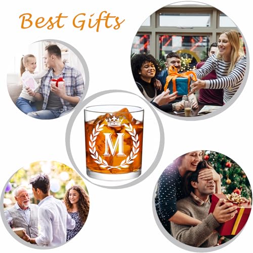 Jmugmt Personalized Whiskey Glasses Gifts for Men, Letter M Initial Whiskey Glass, Christmas Birthday Gifts for Men Husband Brother Dad, 10 OZ Old Fashioned Glass with Gift Box(Letter M)
