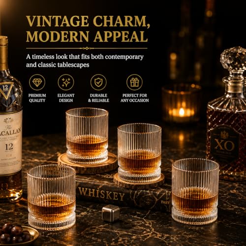 VUNDO Vintage Whiskey Glasses Set of 4, 12 oz Crystal, Luxury Gift Box
