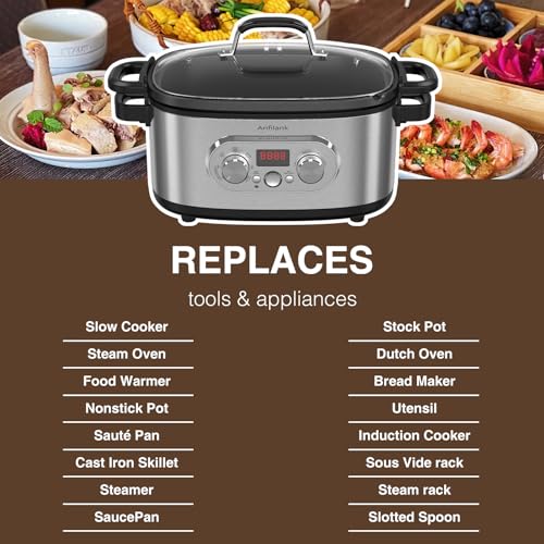 Anfilank 10-in-1 Programmable Slow Cooker with Timer, 6.8 Quart Crock Pot, Presets to Sous Vide, Bake, Sauté, Cook Rice& More, Nonstick Dishwasher-Safe Pot, Adjustable Temp&Time, Stainless Steel
