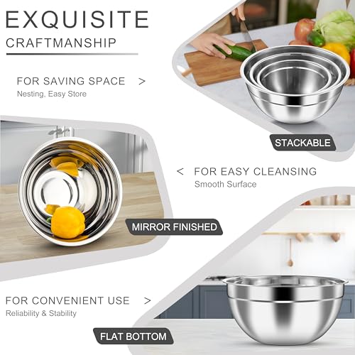HaWare Mixing Bowls with Airtight Lids, 6-Piece Stainless Steel Salad Bowls, Strong Nesting Bowls for Cooking, Prepping, Baking, Serving & Food Storage, Stackable Design, Size 4.6, 3, 1.5QT, Black