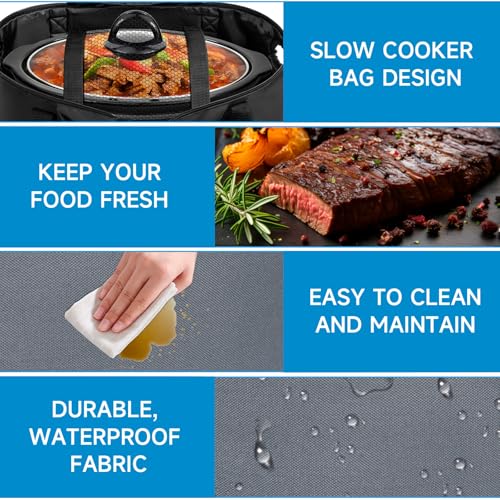 LASUK Portable Slow Cooker Travel Bag, Isulated Carrier Case Tote for 4-8 Quart Crock Carrier Compatible with Else Brands, Internal Mesh Net Holds Pot in Place, For Travel, Outdoor, Picnic, Grey