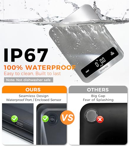 BakFee 100% Waterproof Food Scale, IP67 Digital Kitchen Scale, Rechargeable (USB-C), 0.1oz/1g Precision, 22lb Capacity, Stainless Steel & Tempered Glass, for Cooking, Making Sourdough Bread, Black
