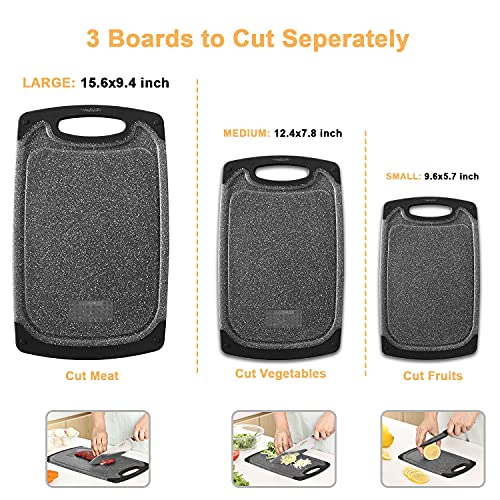 Viretang Plastic Cutting Boards Set of 3 for Kitchen, Thick Chopping Board with Deep Juice Grooves, Non‑Slip Feet, Easy Grip Handle, BPA Free, Dishwasher Safe,Black
