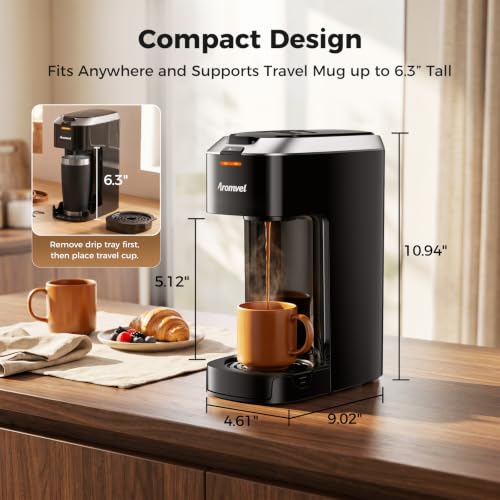 Aromvel Single Serve Coffee Maker for K Cup Pods, One Button Coffee Maker, 6-14oz Brew Sizes, Fits Travel Mug, Compact for Small Kitchen, Office, Dorm, RV, Silver