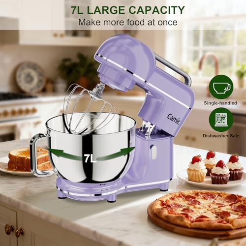 Camic Electric Stand Mixer,7.45 QT,10 Speeds with Dough Hook,Whisk, Flat Beater Attachments, Splash Guard, Easy-Carry Top Handle,3-IN-1 Kitchen Mixer for Baking Cakes Cookie Bread Salad (Purple)
