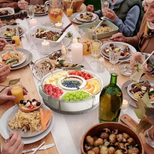 riyeloi Divided Serving Tray with Lid and Handle, Stackable Snackle Box Container for Fruits Candy Organizer, Portable Spinning Rounded Veggie Tray for Kitchen, Party, Trave and Picnic-1 PACK