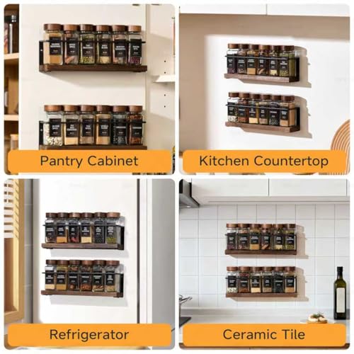 KitHero 4-Tier Wall Mount Spice Rack Organizer with 24 Glass Jars, 216 Labels & Funnel - Screw/Adhesive Mount, Black Metal & Wood Spice Storage for Kitchen Pantry Cabinet, 11.6”L x 2.4”W x 3.2”H
