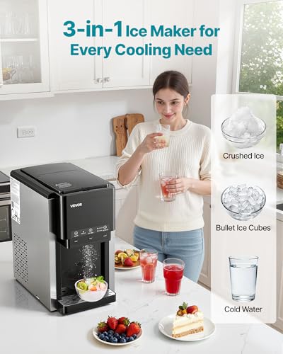 VEVOR Water Dispenser with Ice Maker, 3-in-1 Countertop Water Dispenser, 35 LBS/24H, 12 Cubes/7 Min Fast Ice Making with 4 LBS Storage, Bullet/Crushed ICES & Cold-Water, for Home, Kitchen, Party