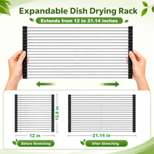 CHIRISEN Expandable Roll Up Dish Drying Rack Over the Sink Drying Rack for Kitchen Counter, Large Stainless Steel Dish Drainer Over Sink Dish Drying Rack Foldable, Collapsible, 21.14''x12'', 18Tube